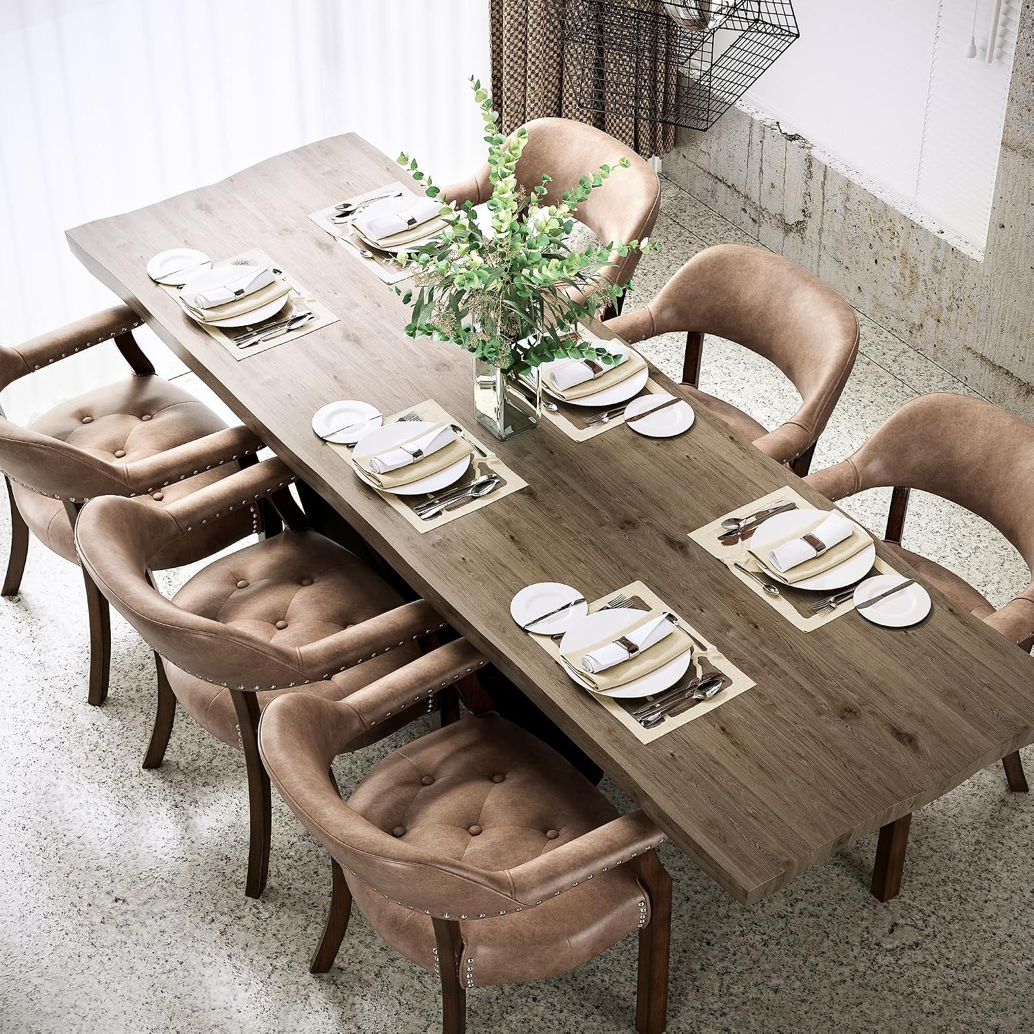 Dining Chairs with Upholstered,Office Desk Chair with Arms and Metal Rivets. PU Boss Captain's Chairs,Classic Accent Stool for Dining Room, Bedroom Brown Legs &Yellowish Brown NX173-318EY