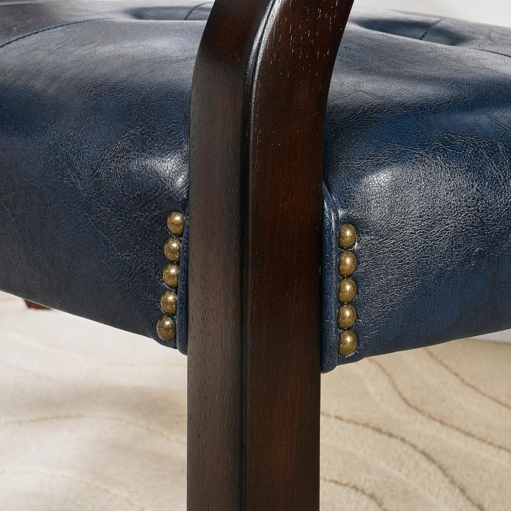 Dining Chairs with Upholstered and Arms,Office Desk Chair with Metal Rivets. PU Boss Captain's Chairs,Classic Accent Stools for Dining Room, Bedroom Brown Legs & Dark Blue NX173-318LB