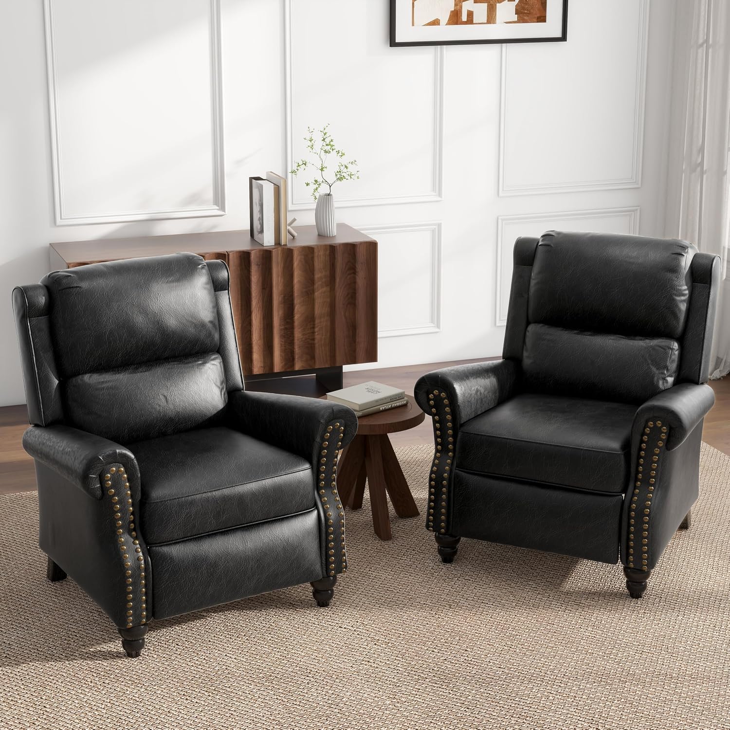 Pushback Recliner Chairs Set of 2, PU Leather Armchair Push Back Accent Chair, Rivet Trim Club Chair Home Theater Overstuffed Single Sofa Reading Seat for Living Room, Black