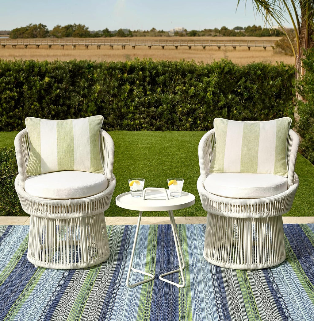 Dash & Albert Fiesta Stripe French Blue/Green Handwoven Indoor/Outdoor Rug, 2.5 X 12 Feet, Multicolored Stripe Pattern