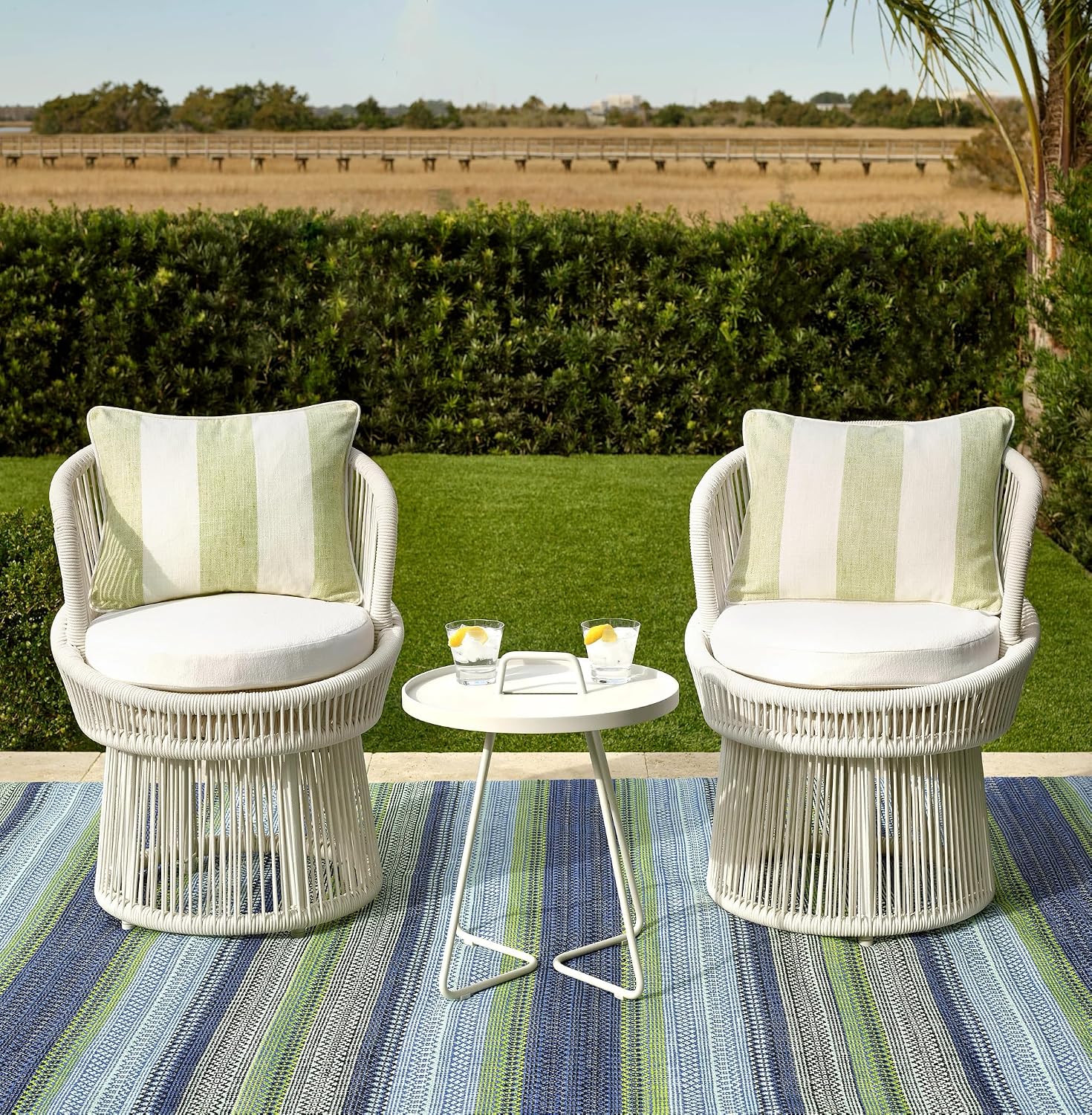 Dash & Albert Fiesta Stripe French Blue/Green Handwoven Indoor/Outdoor Rug, 2.5 X 12 Feet, Multicolored Stripe Pattern