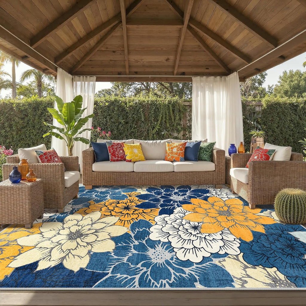 GENIMO Indoor Outdoor Area Rug 10'x14', Machine Washable Rugs for Patio, Waterproof, Non-Slip Easy Cleaning Floral Outdoor Mat Carpet for Living Room, Bedroom, RV, Balcony, Deck, Camping, Navy Blue