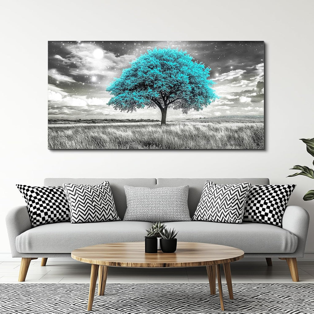 KELIYUAN Large Canvas Wall Art For Living Room Wall Decor For Bedroom Corridor Blue Tree Natural Scenery Full Of Stars Black And White Modern Printing Dining Room Kitchen Home Decoration 30 'X 60'