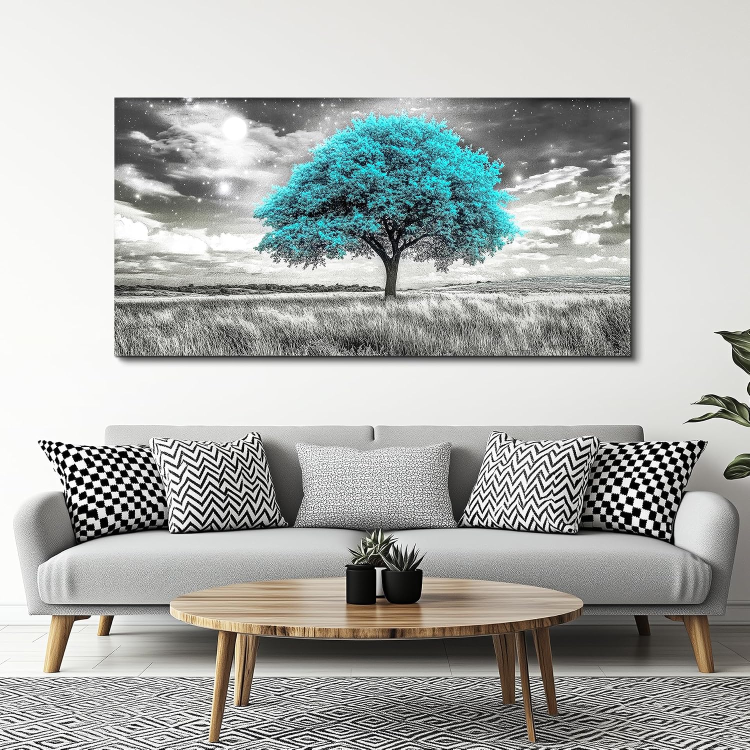 KELIYUAN Large Canvas Wall Art For Living Room Wall Decor For Bedroom Corridor Blue Tree Natural Scenery Full Of Stars Black And White Modern Printing Dining Room Kitchen Home Decoration 30 'X 60'