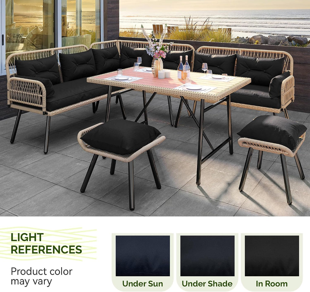 YITAHOME L-Shaped Patio Furniture Set, All-Weather Rattan Outdoor Conversation Sofa with Soft Cushions, Ottomans & Plastic Wood Dining Table for Backyard Deck, Light Brown + Black