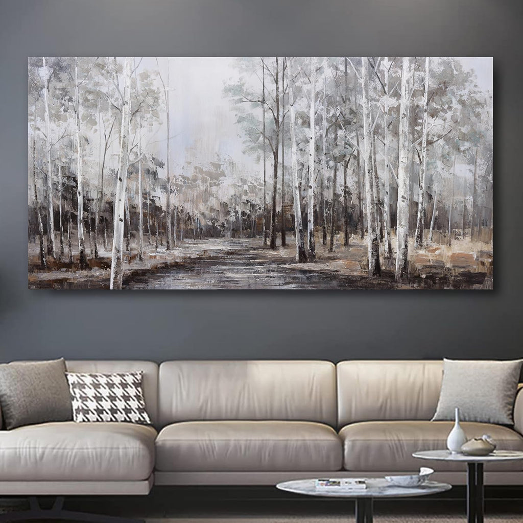 White Birch Tree Wall Art Grey Forest Painting Abstract Canvas Art Landscape Panoramic Picture Nature Artwork Framed for Living Room Bedroom Dinning Room Home Office Wall Decor 59'x28'