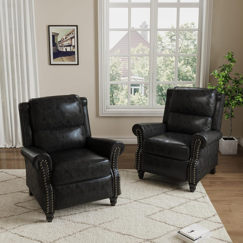Pushback Recliner Chairs Set of 2, Faux Leather Wingback Recliner Chair, Upholstered Armchair Push Back Recliner with Wood Legs, Rivet Trim Single Sofa Accent Chair for Living Room, Bedroom, Black