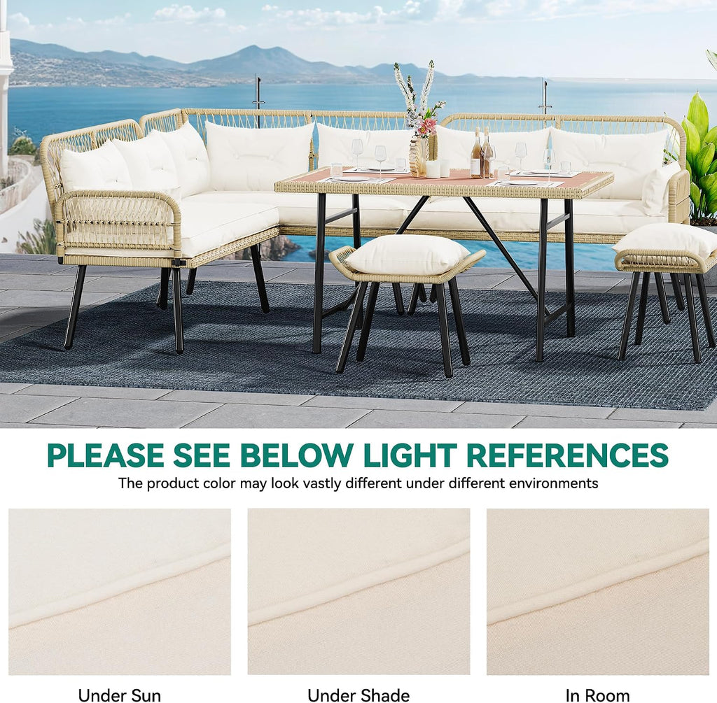 YITAHOME Patio Wicker L-Shaped Furniture Set, All-Weather Rattan Outdoor Conversation Sofa Set for Backyard Deck with Soft Cushions,Ottomans and Plastic Wood Dining Table (Light Brown+Beige)