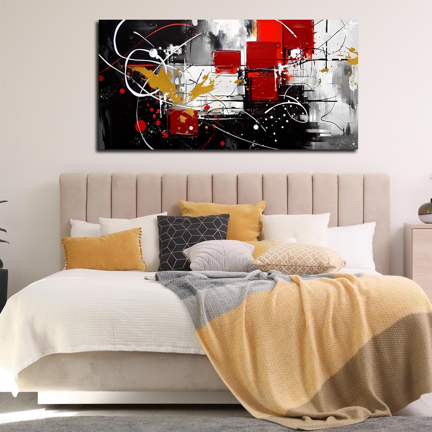 Large Abstract Canvas Wall Art Modern Living Room Bedroom Home Office Wall Decor Black Grey Red Abstract Picture Framed Artwork Ready to Hang Size 30x60
