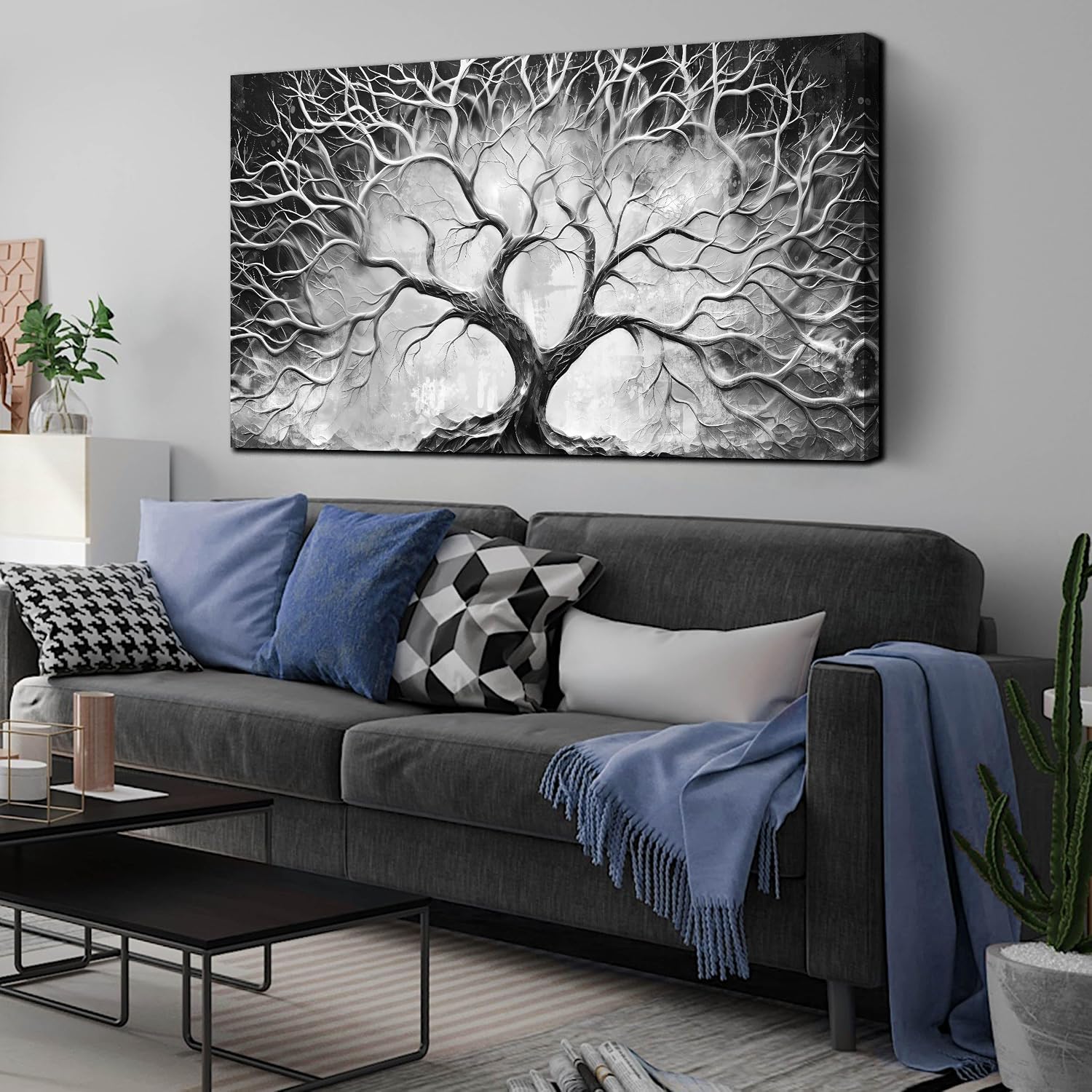 CIRABKY Tree Wall Art for Living Room - Black and White Canvas Wall Art for Office - Home Office Decor Wall Size 29' x 59'