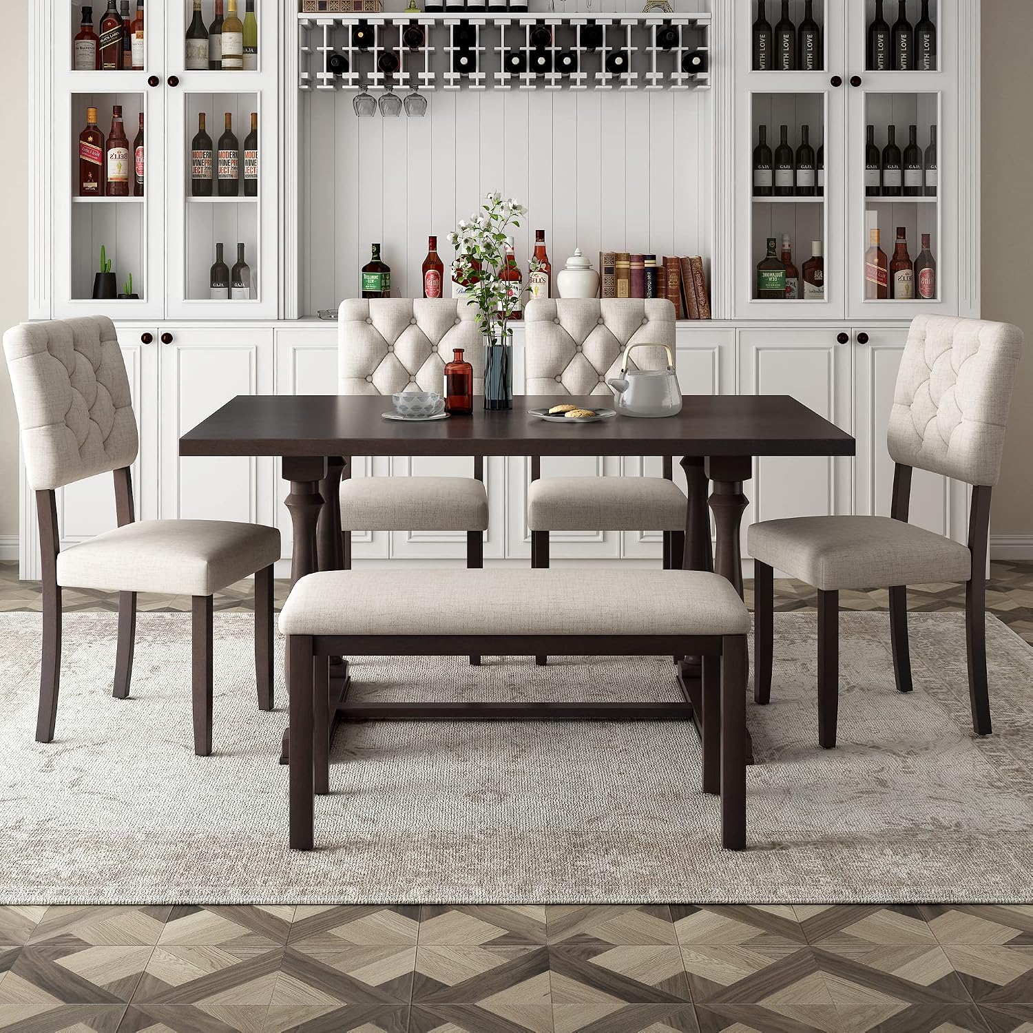 Retro 6-Piece Kitchen Dining Table Set with Comfortable Upholstery Chairs and Bench, Solid Wood Dining Table with Special-Shaped Legs, Suitable for Family Use (Espresso-Comfort)