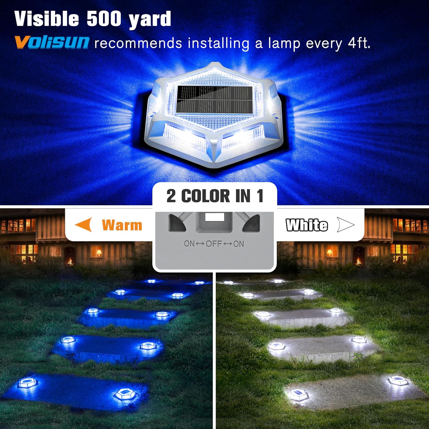 VOLISUN Solar Driveway Lights Dock Outdoor Waterproof Marker Lights,16 Pack Solar Deck Lights 2 Colors in 1 Led Wireless IP67,Solar Blue Deck Lights for Sidewalk Pathway Yard(White/Blue),Auto On/Off