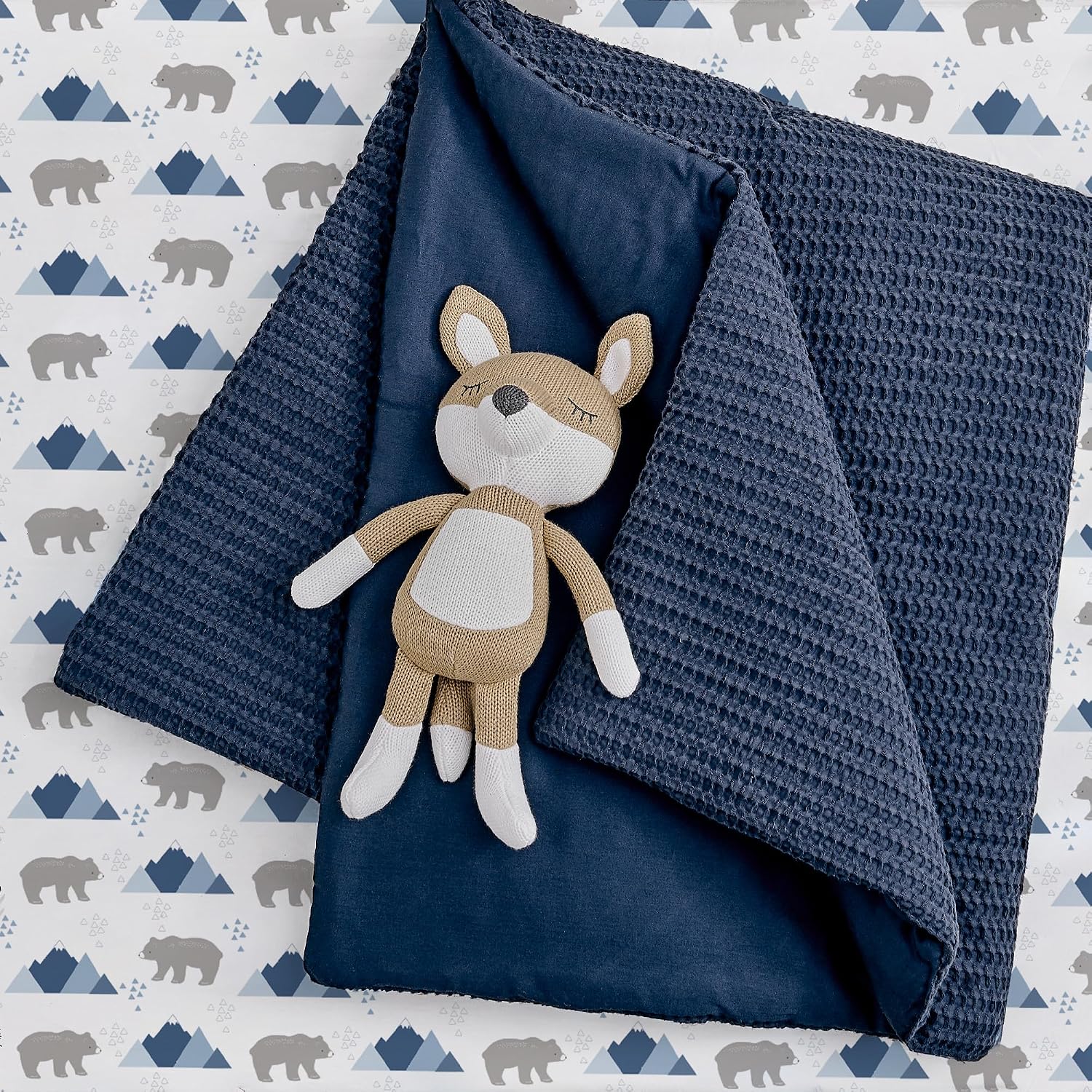 Levtex Baby - Mills Waffle Crib Bed Set - Baby Nursery Set - Navy - Navy Textured Waffle - 4 Piece Set Includes Quilt, Fitted Sheet, Dust Ruffle and Rope Basket