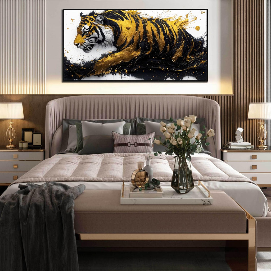 Tiger Art Wall Decor for Living Room - Modern Black and Gold Wall Decor for Bedroom - Large Framed Wall Art for Office Size 29' x 59'