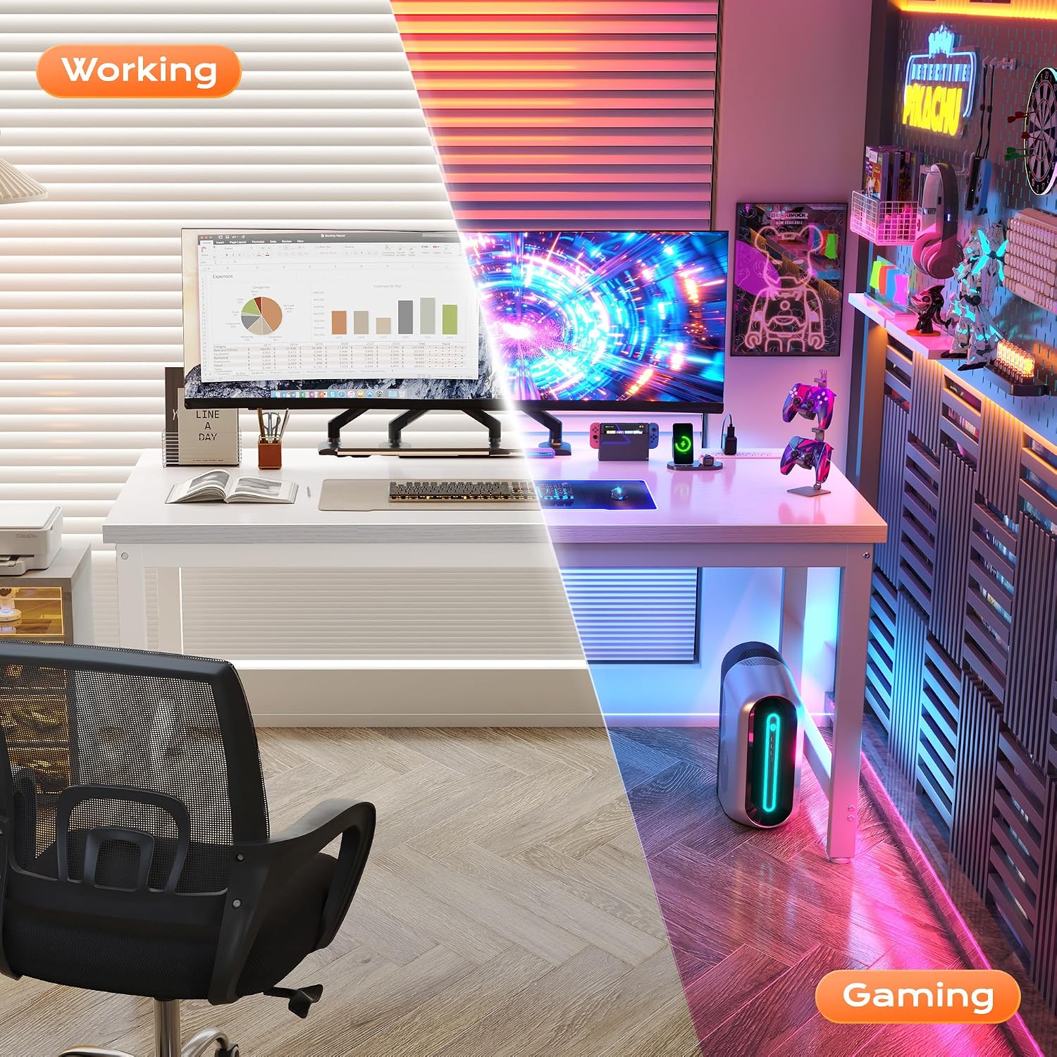 Huuger 55 x 24 inch Desk with Power Outlets & USB-C, Deeper & Thicker Desktop, Robust Metal Tubes, Computer Desk, Heavy Duty Office Desk, Work Gaming Desk for Home Office, White