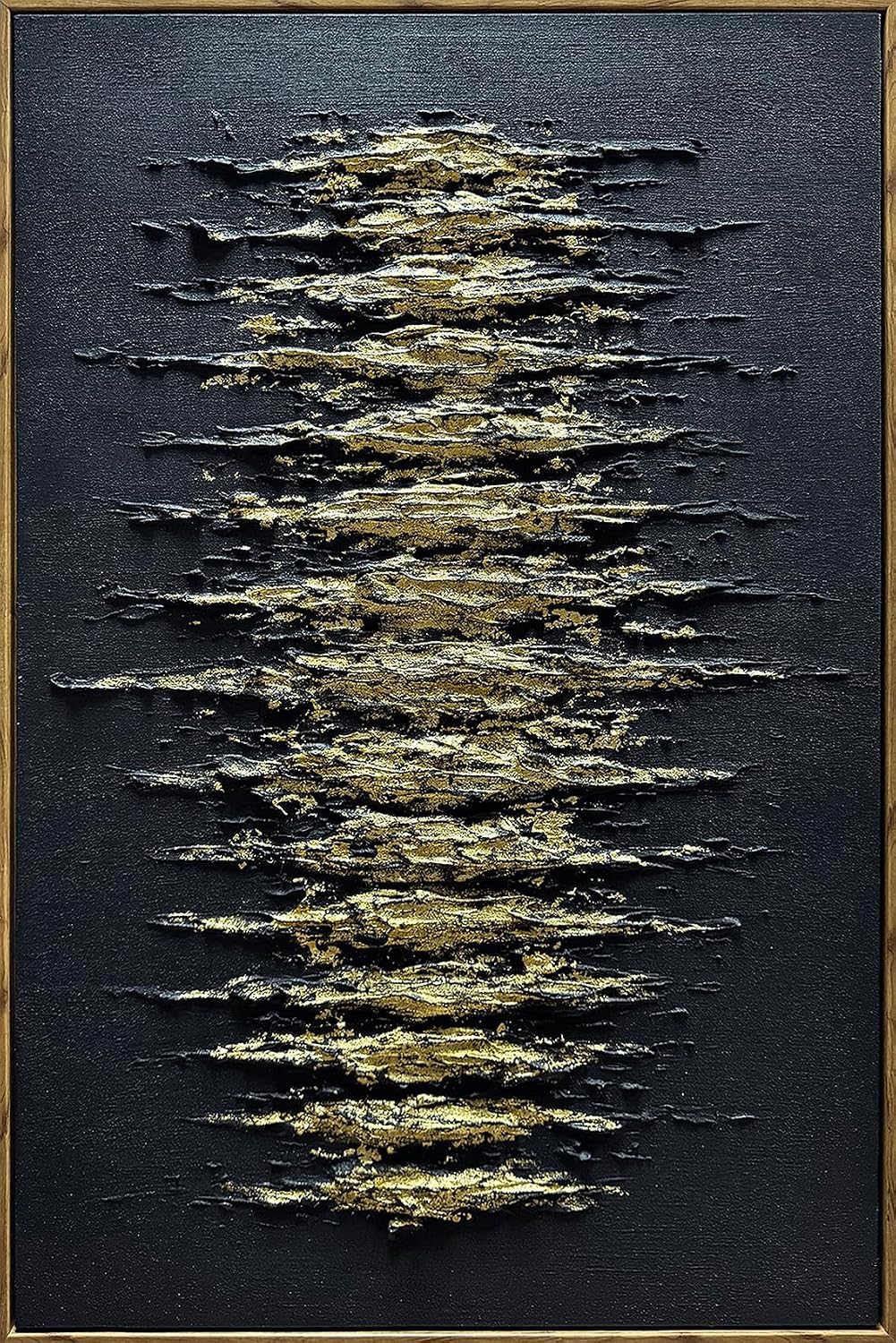 Boiee Art,24x36Inch Handmade Golden Textured Acrylic Canvas Wall Art Modern Black Decorative Paintings Abstract Framed Artwork