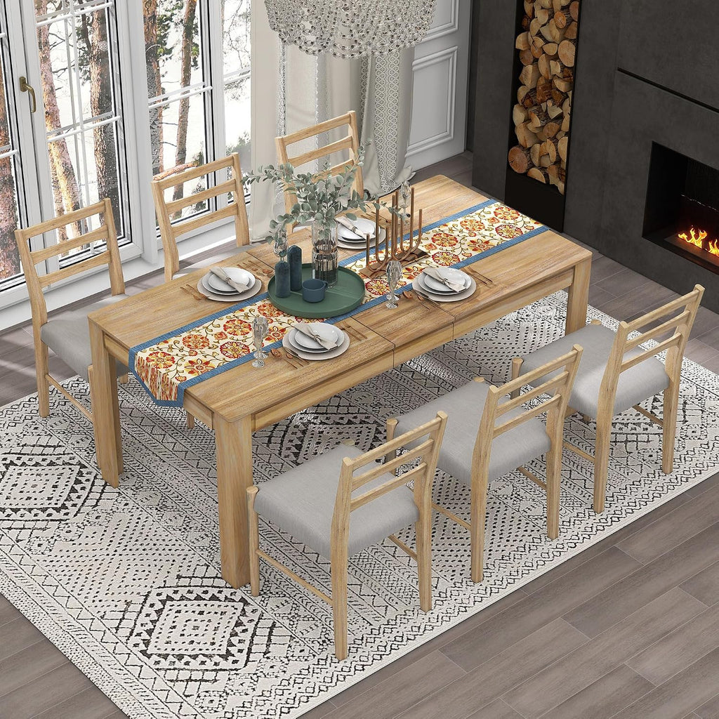 Farmhouse 7-Piece Kitchen Dining Table Set, Solid Wood Rectangle Extendable Table with 12' Leaf and 2 Drawers, 6 Dining Chairs with Soft Cushion, Dining Table Set for 6 Persons (Natural Wash+)