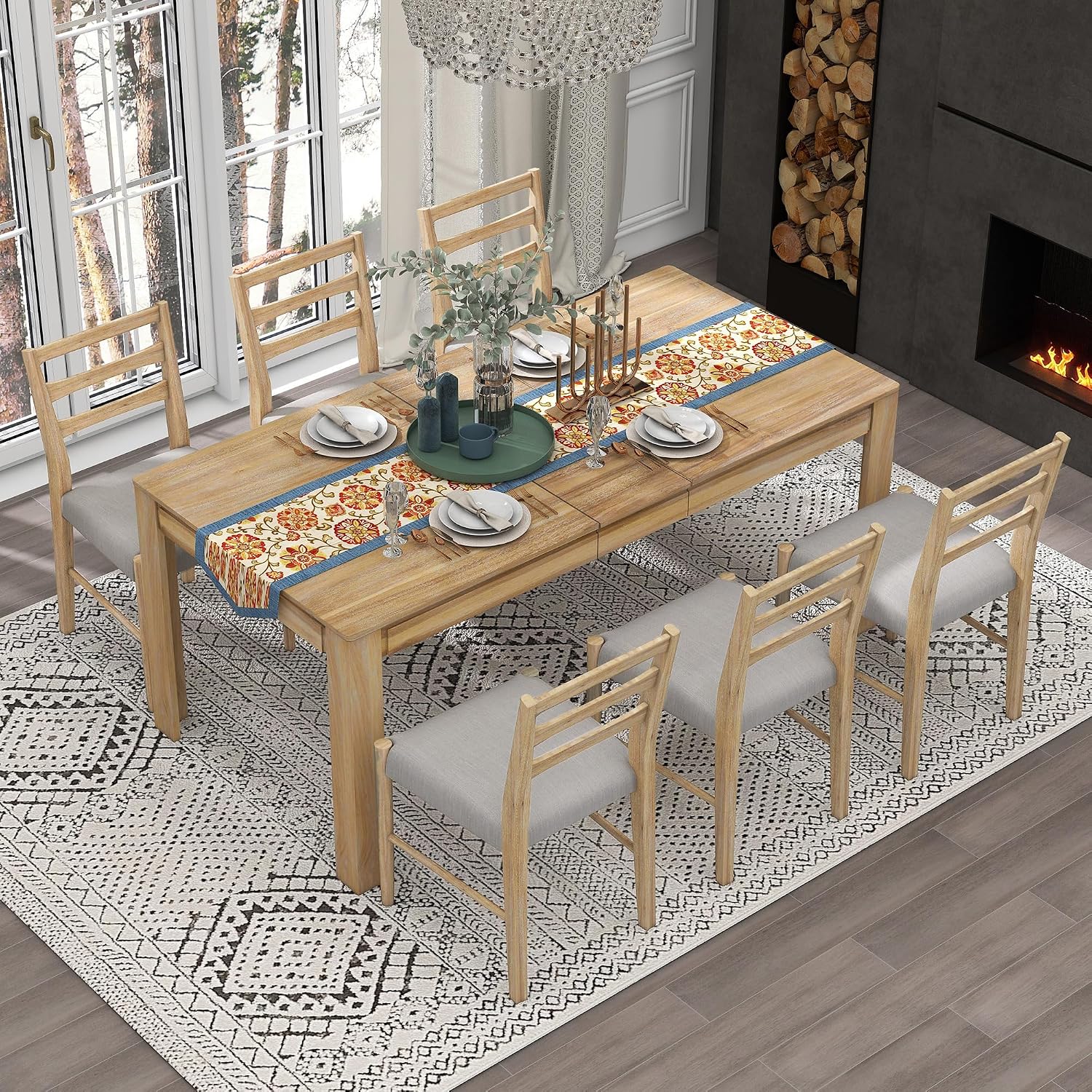 Farmhouse 7-Piece Kitchen Dining Table Set, Solid Wood Rectangle Extendable Table with 12' Leaf and 2 Drawers, 6 Dining Chairs with Soft Cushion, Dining Table Set for 6 Persons (Natural Wash+)