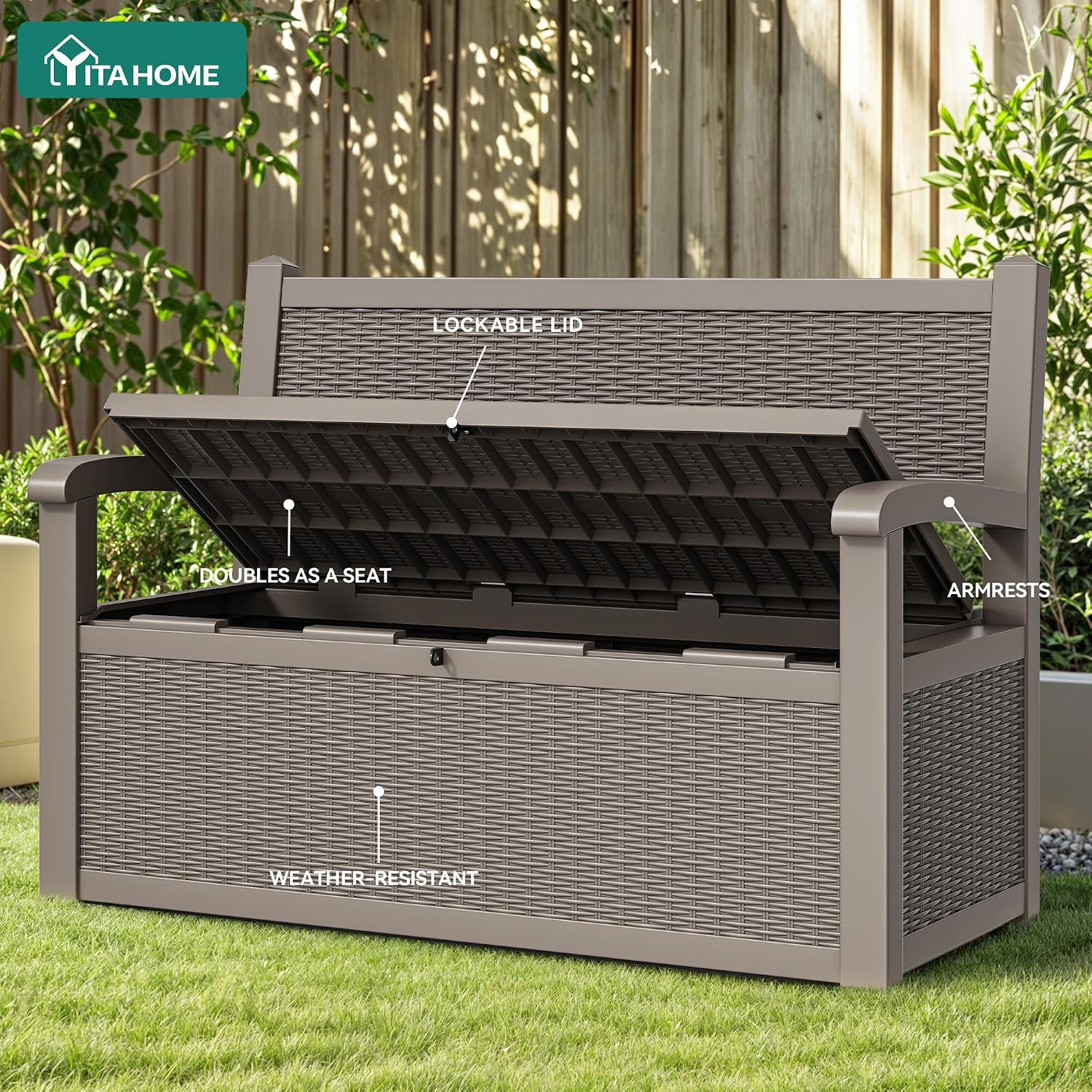 YITAHOME 80 Gallon Storage Bench Deck Box, Lockable Patio Bench, Waterproof Outdoor Pool Deck Storage for Patio Cushions, Garden Tools and Pool Supplies, Light Brown