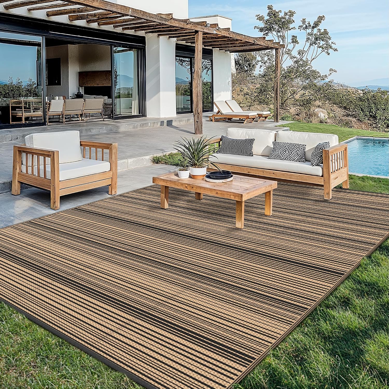 GENIMO Outdoor Rug 10x14 ft Waterproof, Reversible Plastic Straw Patio Rug for RV Camping Mat, Deck, Backyard Balcony Mat - Lightweight & Easy to Clean, BlackBrown
