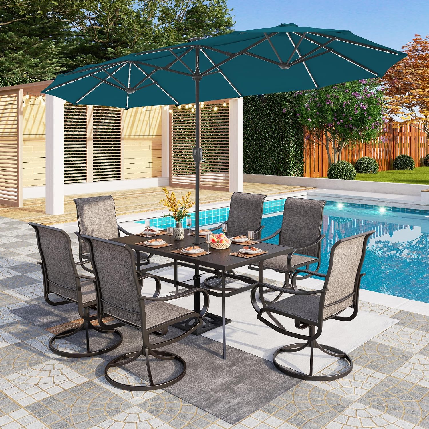 PHI VILLA 13ft Patio Umbrella with Solar-Powered 120 PCS LED Color-Changing Lights, Triple-Head Large Rectangle Umbrella Outdoor Patio for Table with Crank Lift,Cyan(No Base)