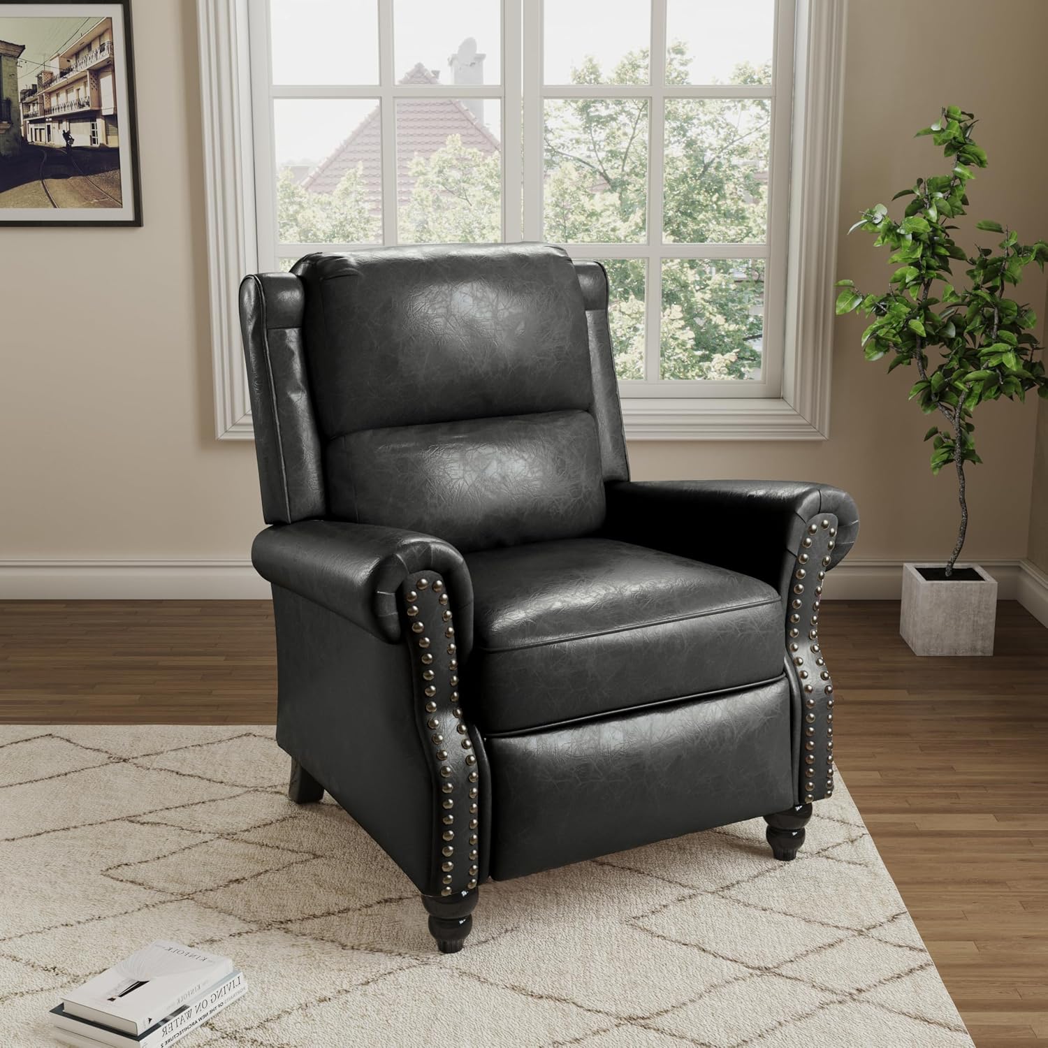 Pushback Recliner Chair, Faux Leather Wingback Recliner Chair, Upholstered Armchair Push Back Recliner with Wood Legs, Rivet Trim Single Sofa Accent Chair for Living Room, Bedroom, Black