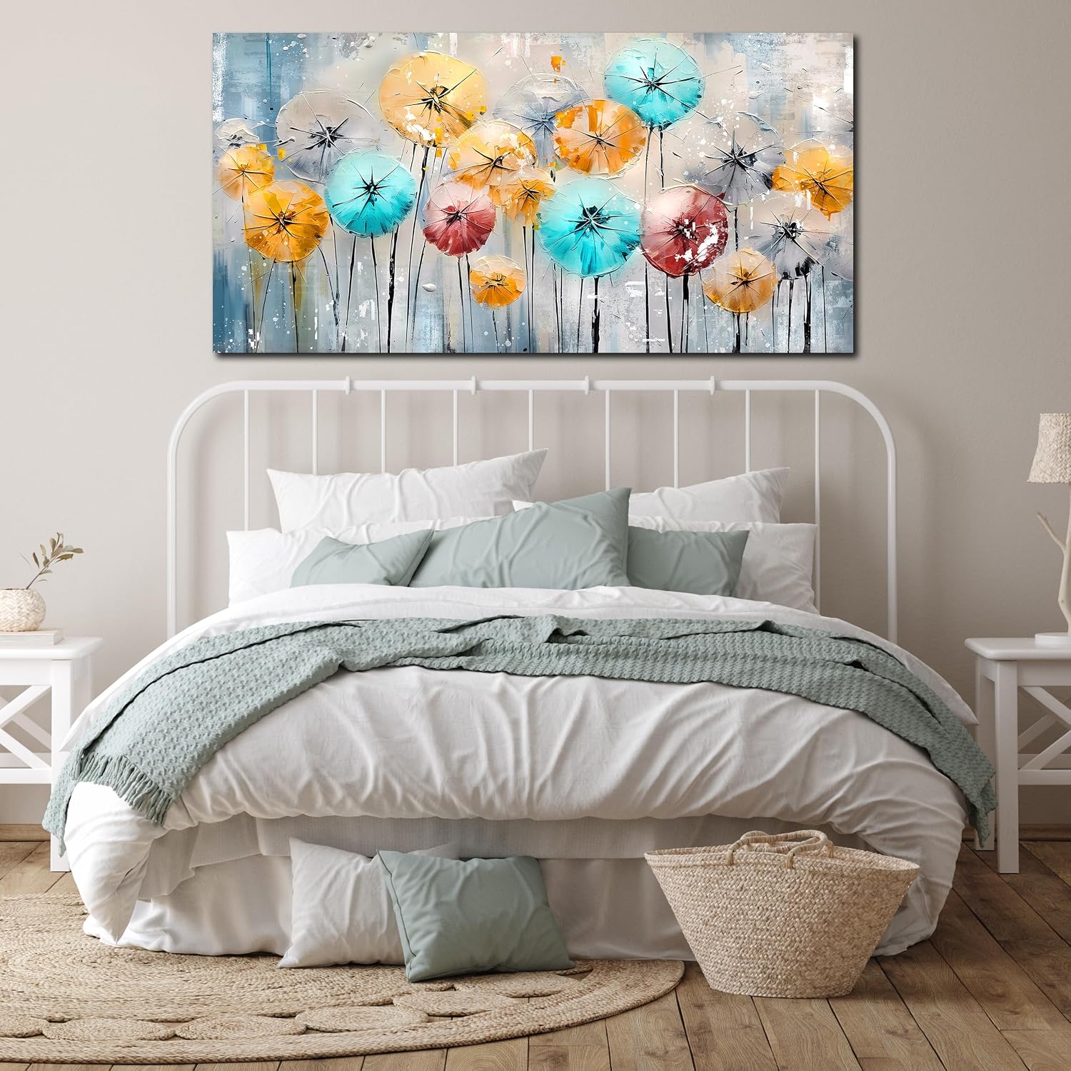 ENTANUB Dandelion Wall Art for Living Room, Flower Canvas Wall Picture for Bedroom, Colorful Print Painting Decor, Large Size 60x30 Inches