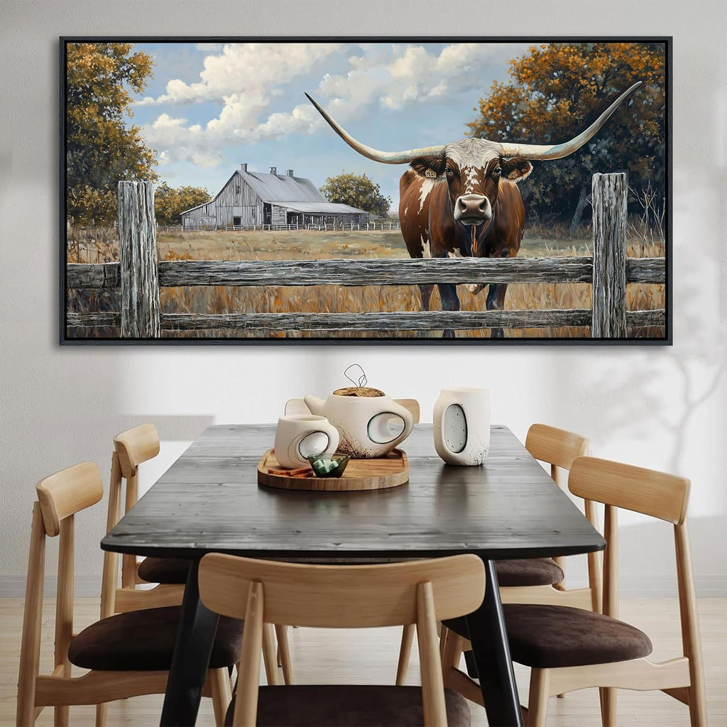 XLSJERST Rustic Wall Decor Poster 58x29 Inches - Longhorn Picture Farm Artwork Canvas Picture Brown Cow Wall Art for Living Room Guest Bath Decoration
