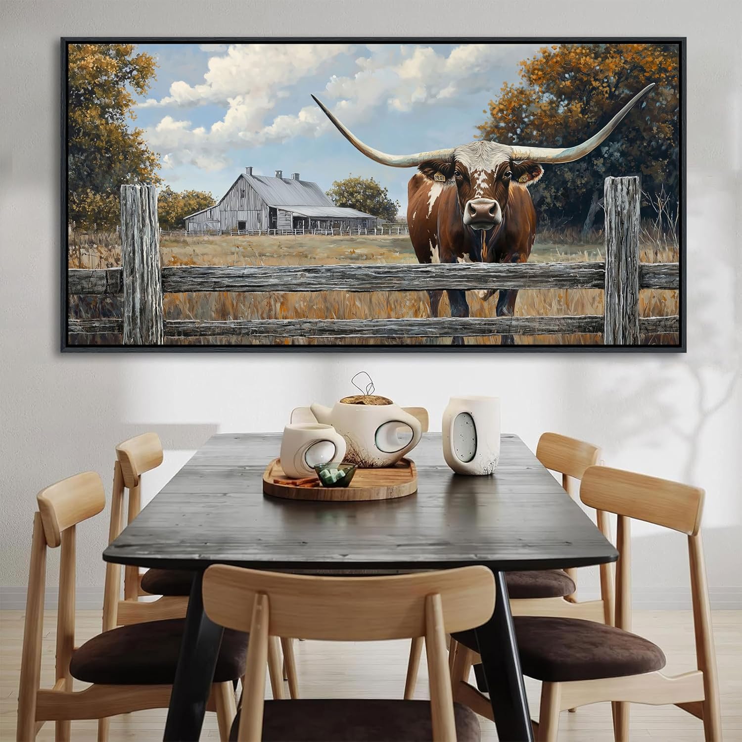 XLSJERST Rustic Wall Decor Poster 58x29 Inches - Longhorn Picture Farm Artwork Canvas Picture Brown Cow Wall Art for Living Room Guest Bath Decoration