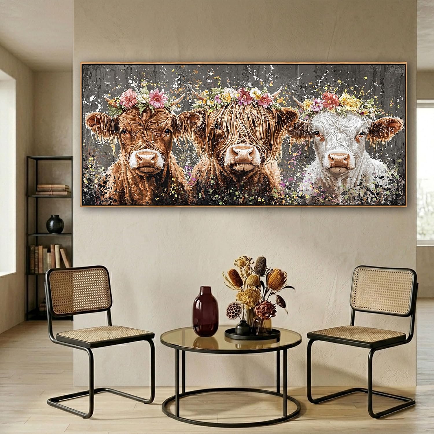 AJAZIKO Highland Cow Wall Art - Farmhouse & Rustic Country Wall Decor, Large Canvas Pictures for Living Room, Above Bed Artwork for Walls - Western Decorations