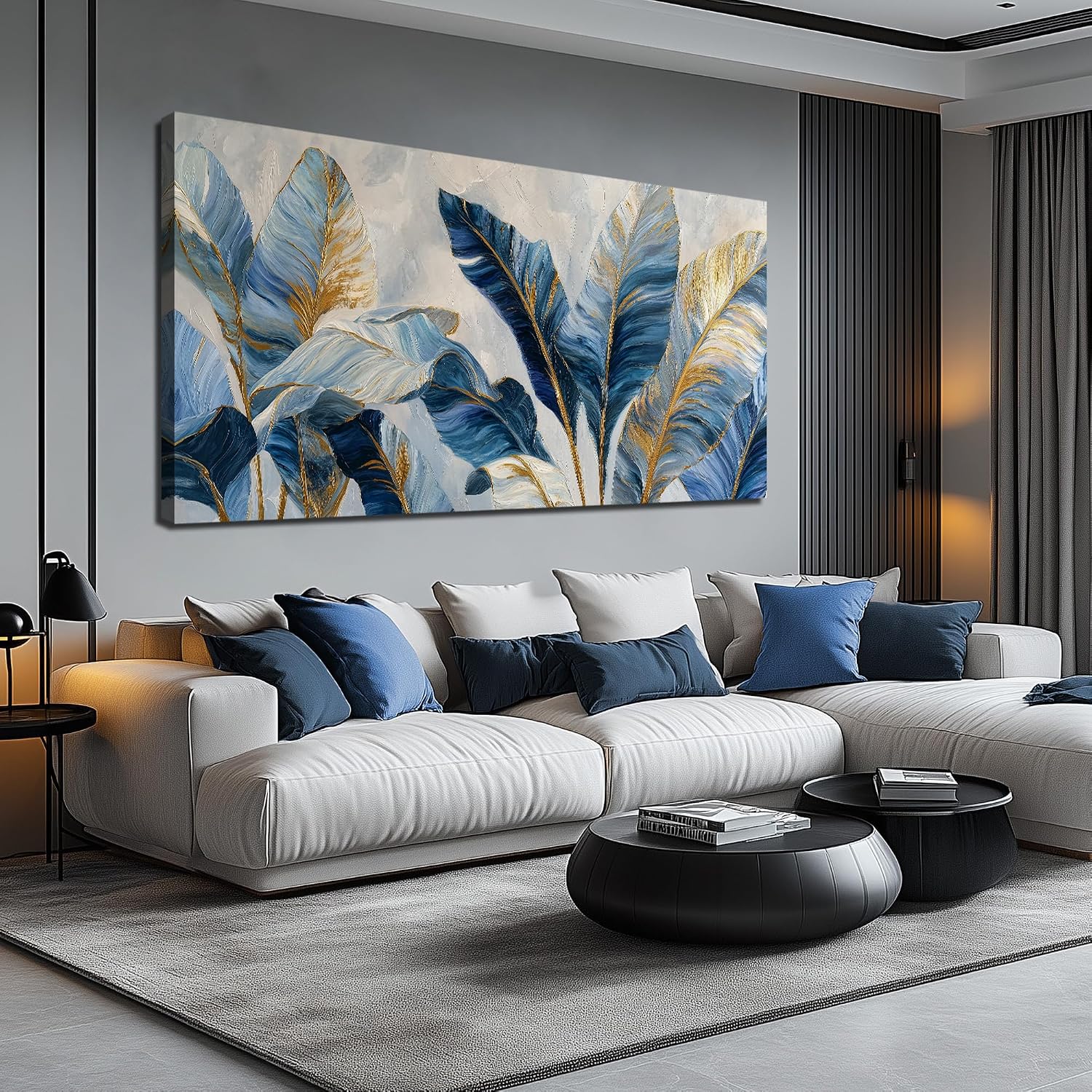 JuhaiArt White Banana Leaf Prints Bedroom Blue Canvas Art Botanical Gold Wall Artwork for Living Room Office 29' x 59'