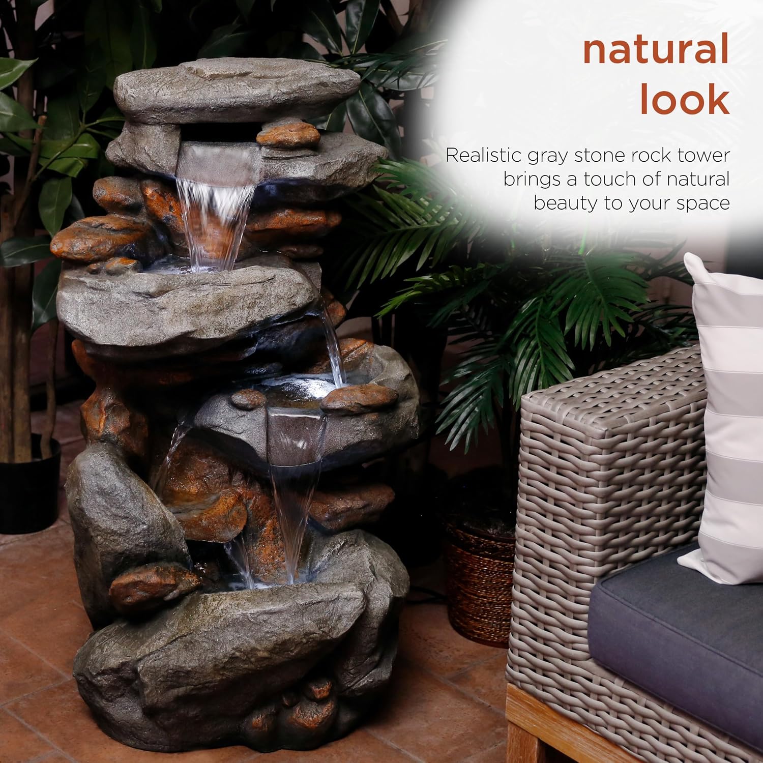Alpine Corporation | 40' 4-Tier Rock Floor Fountain with Cascading Water & White LED Lights, Tranquil Outdoor Water Feature for Garden, Patio, Yard & Deck, Light Gray