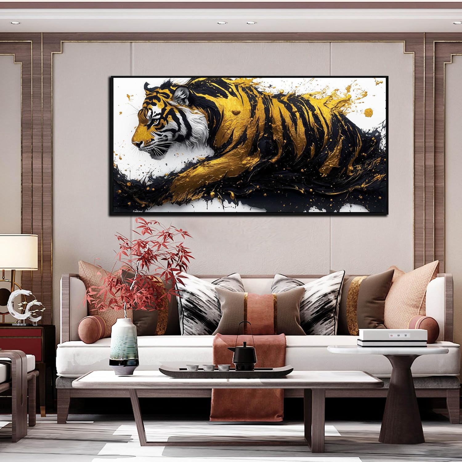 Tiger Art Wall Decor for Living Room - Modern Black and Gold Wall Decor for Bedroom - Large Framed Wall Art for Office Size 29' x 59'