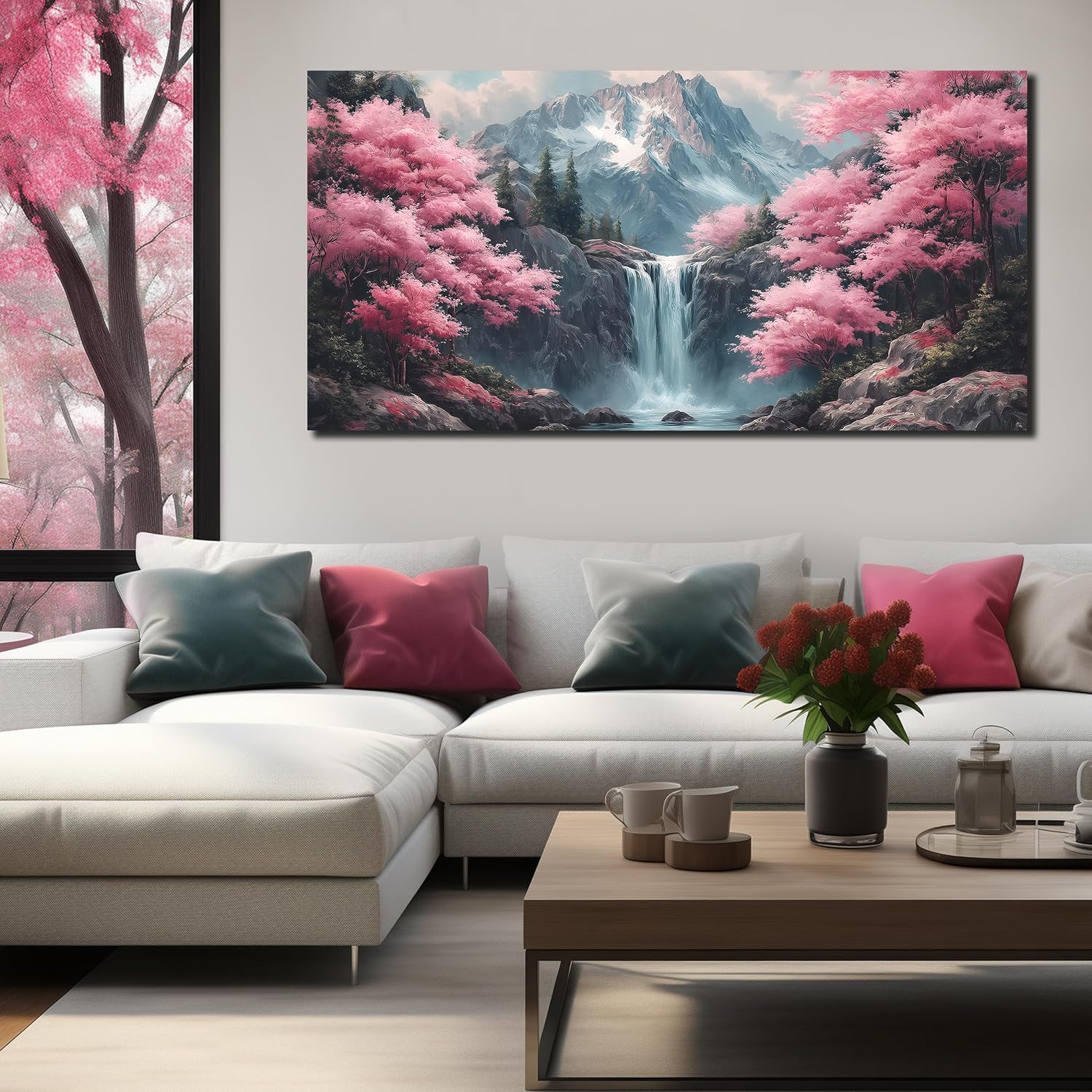 Natural Landscape Pictures for Living Room Mountain Waterfall Pink Tree Wall Decoration,Large Wall Art for Office Ready to Hang 29 x 58 Inch