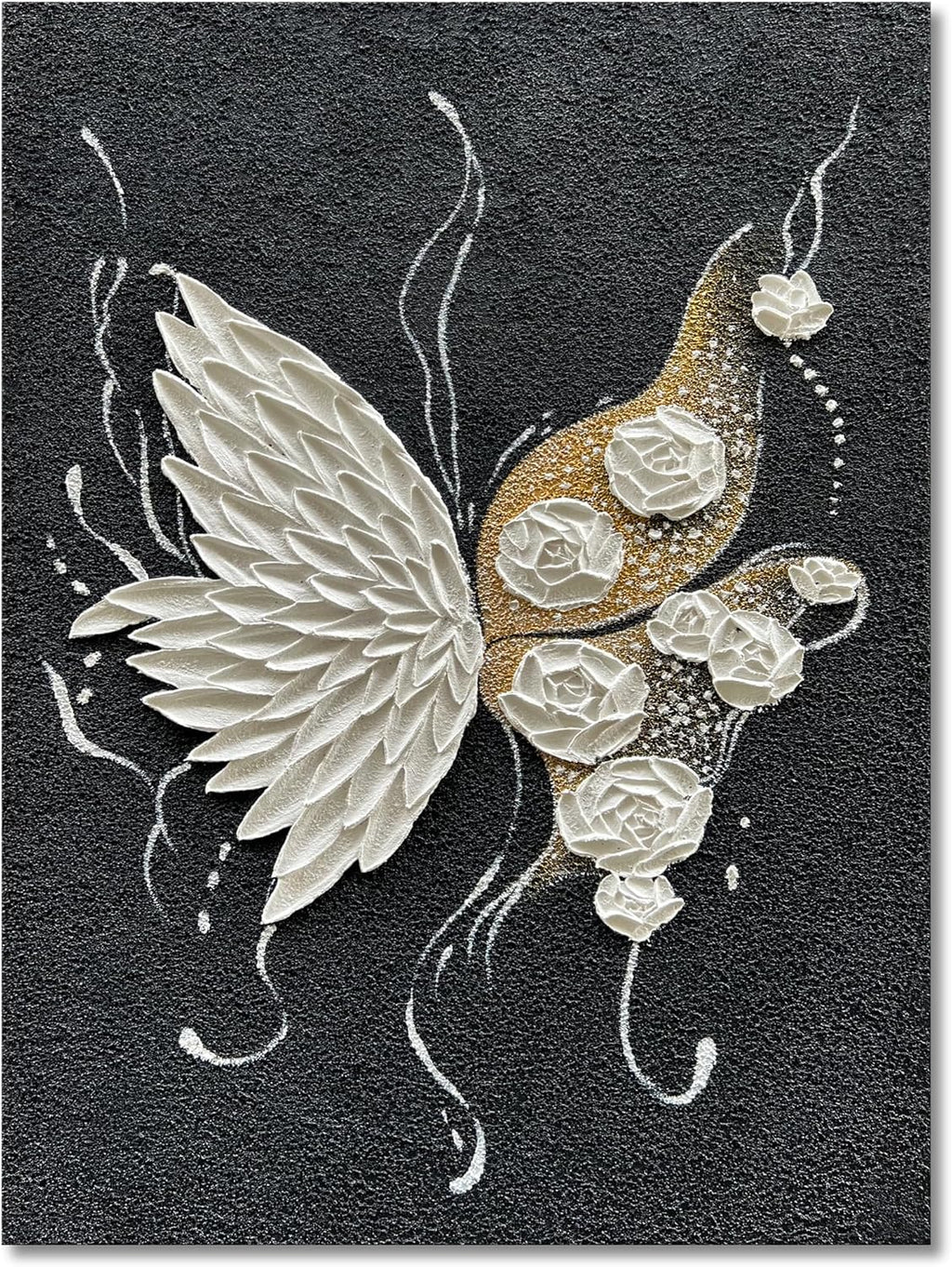 Hand Painted White Butterfly and White Flower Art Painting Modern Black and White Abstract Wall Art Decoration 40x28 Inches