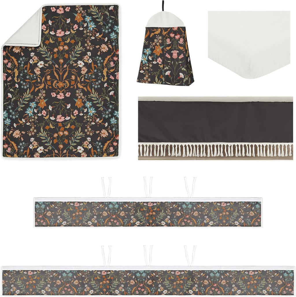 Sweet Jojo Designs Black Boho Wildflower Vintage Floral Girl Baby Crib Bedding Set Infant Nursery Room BreathableBaby Breathable Mesh Crib Liner Blanket Fitted Sheet 6pc Orange Teal Bohemian Farmhouse