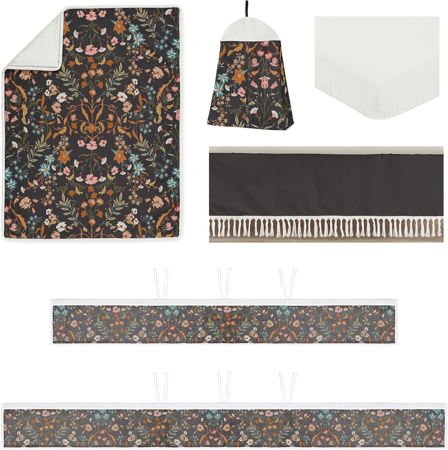 Sweet Jojo Designs Black Boho Wildflower Vintage Floral Girl Baby Crib Bedding Set Infant Nursery Room BreathableBaby Breathable Mesh Crib Liner Blanket Fitted Sheet 6pc Orange Teal Bohemian Farmhouse
