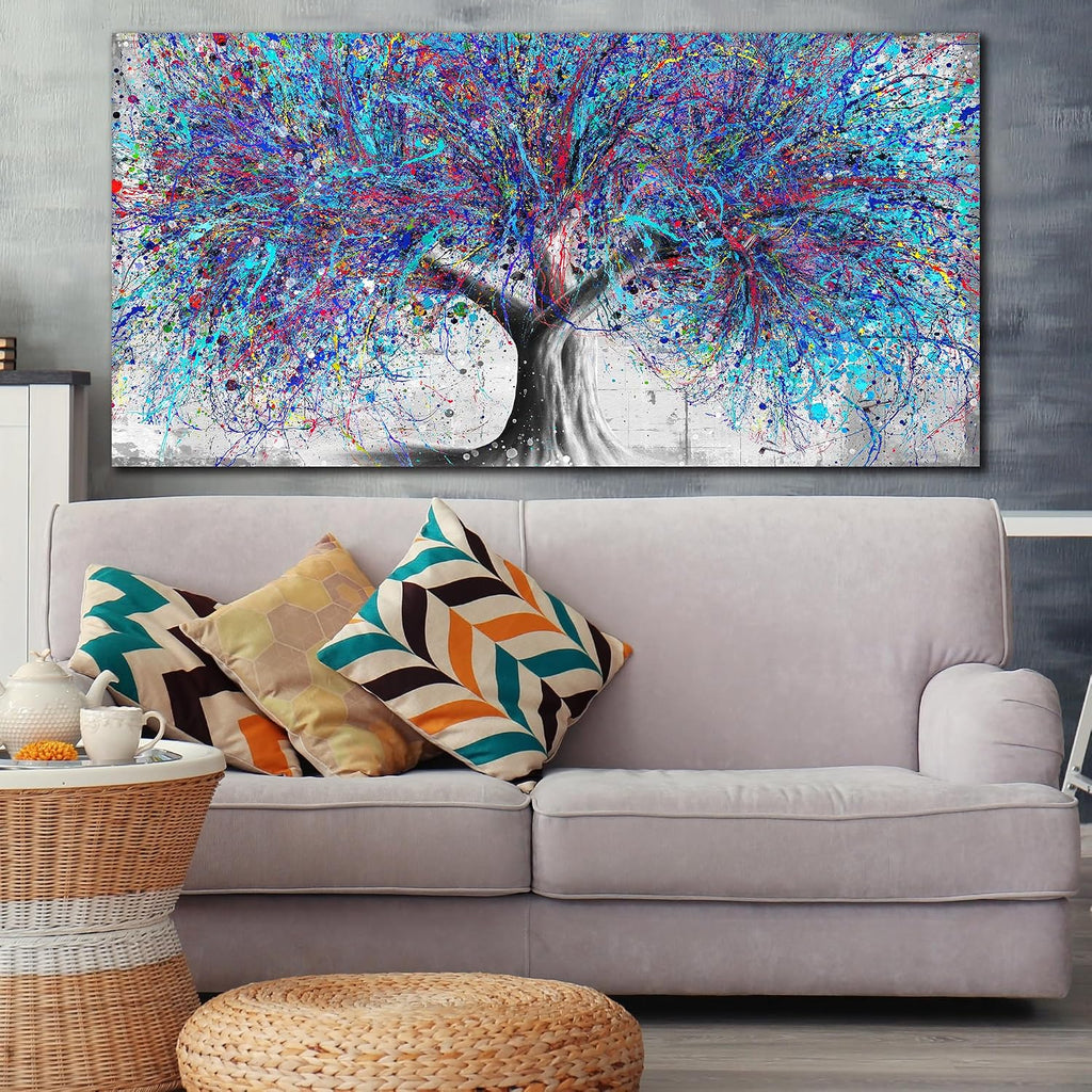 GUGIKA Large Wall Art for Living Room, Blue Tree Canvas Wall Decor for Bedroom, Graffiti Print, Blue Picture Decoration, Size 59x29 Inches