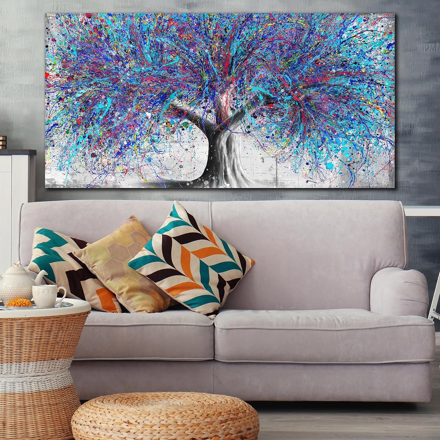GUGIKA Large Wall Art for Living Room, Blue Tree Canvas Wall Decor for Bedroom, Graffiti Print, Blue Picture Decoration, Size 59x29 Inches