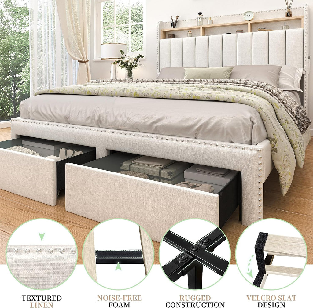SIBEDS Full LED Bed Frame with 2 Drawers, Upholstered Platform Bed with 2 Tier Storage Wingback Headboard, Linen Channel Tufted Bedframe with Rivet Decor, No Box Spring Needed, Natural