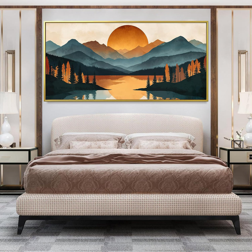 Colorful Mountain Boho Wall Art For Living Room Large Gold Framed Wall Art Canvas Art Wall Decor For Office Modern Bedroom Forest River Landscape Pictures Paintings Artwork 29 X 58 In
