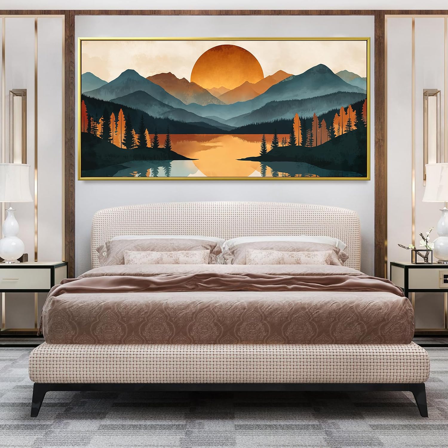 Colorful Mountain Boho Wall Art For Living Room Large Gold Framed Wall Art Canvas Art Wall Decor For Office Modern Bedroom Forest River Landscape Pictures Paintings Artwork 29 X 58 In