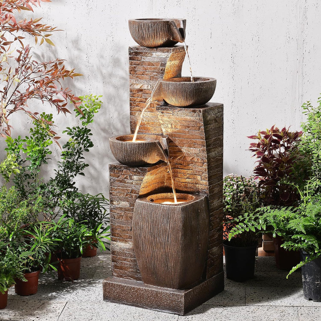 38.2' Tall Water Fountain Outdoor Garden,4 Tiers Modern Cascading Bowls and Stacked Stones Indoor Fountains with LED Lights for Patio, Deck, Porch, Backyard and Home Art Decor(Reddish-Brown