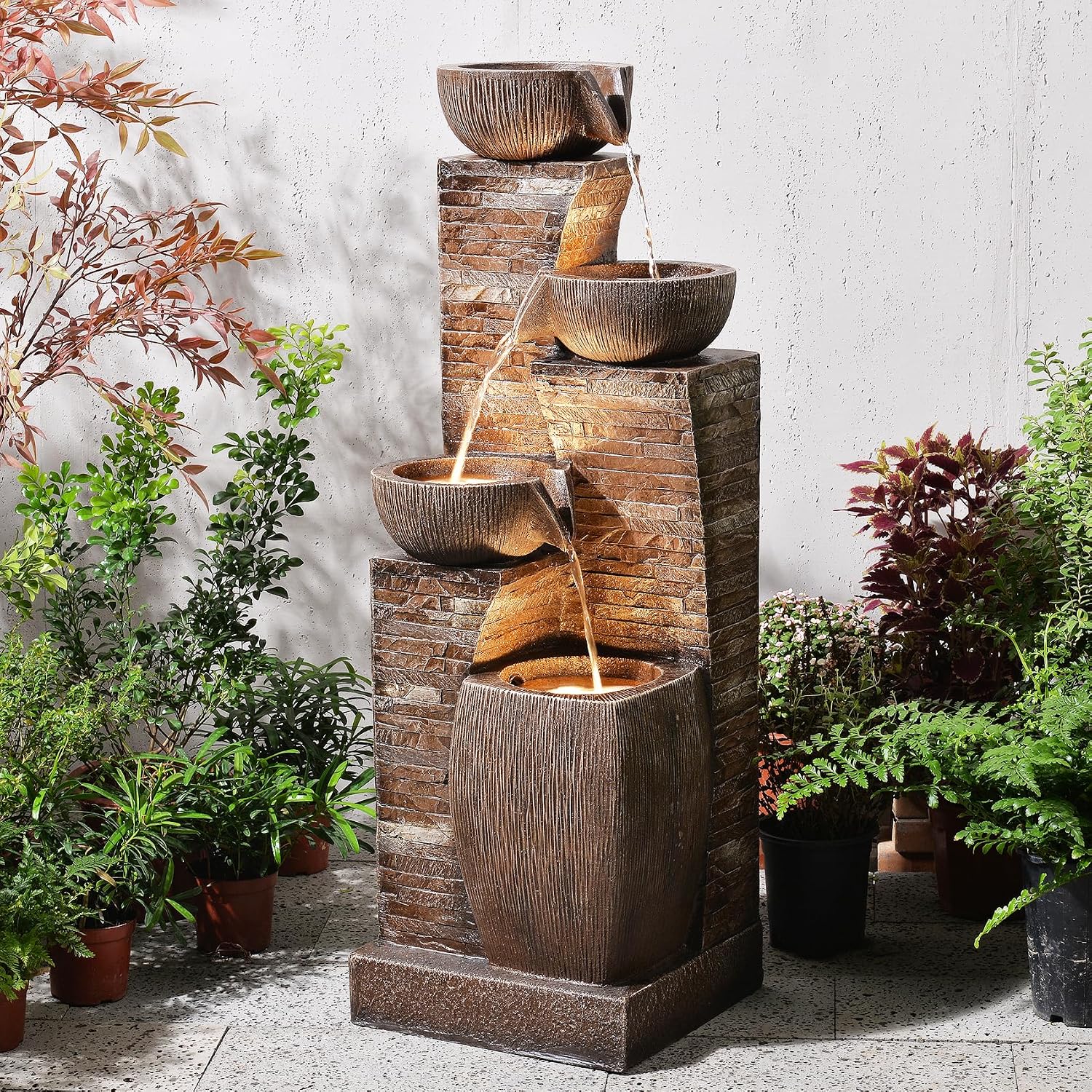 38.2' Tall Water Fountain Outdoor Garden,4 Tiers Modern Cascading Bowls and Stacked Stones Indoor Fountains with LED Lights for Patio, Deck, Porch, Backyard and Home Art Decor(Reddish-Brown