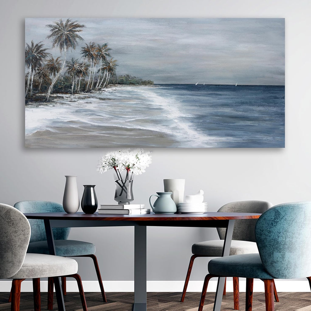 Coastal Wall Art Blue Gray Beach Wall Decor Landscape Abstract Canvas Painting Modern Ocean Artwork Framed for Living Room Bedroom Bathroom Office Decor 58'x29'Can Be Hung Directly