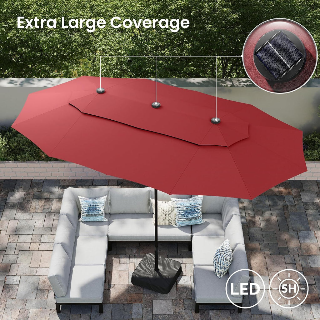 PHI VILLA 15ft 2-Tier Large Patio Umbrella with Solar Lights, Double-Sided Outdoor Market Rectangle Umbrellas with 36 LED Lights, Umbrella Base (Stand) Included, Wine Red