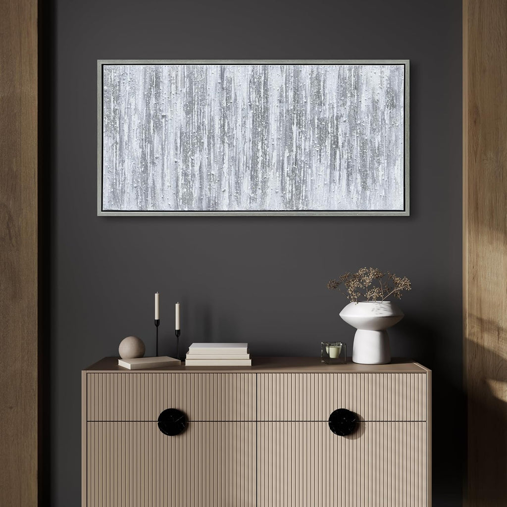 Empire Art Direct Abstract Wall Art Textured Hand Painted Canvas by Martin Edwards, Champagne Frame, 24' x 48', Silver Frequency