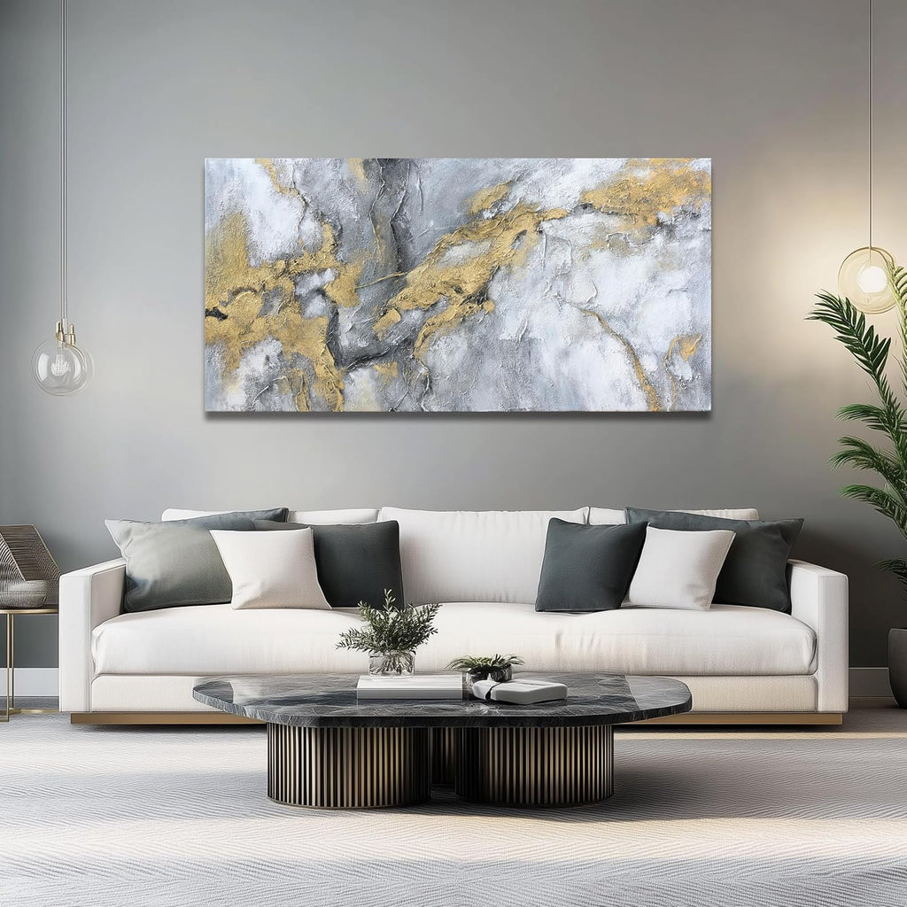 Belmrxne Abstract Wall Art for Living Room Large Grey and Gold Wall Decor Unique Canvas Painting Luxury Wall Prints Aesthetic Bedroom Hanging Artwork 29x58 Inches
