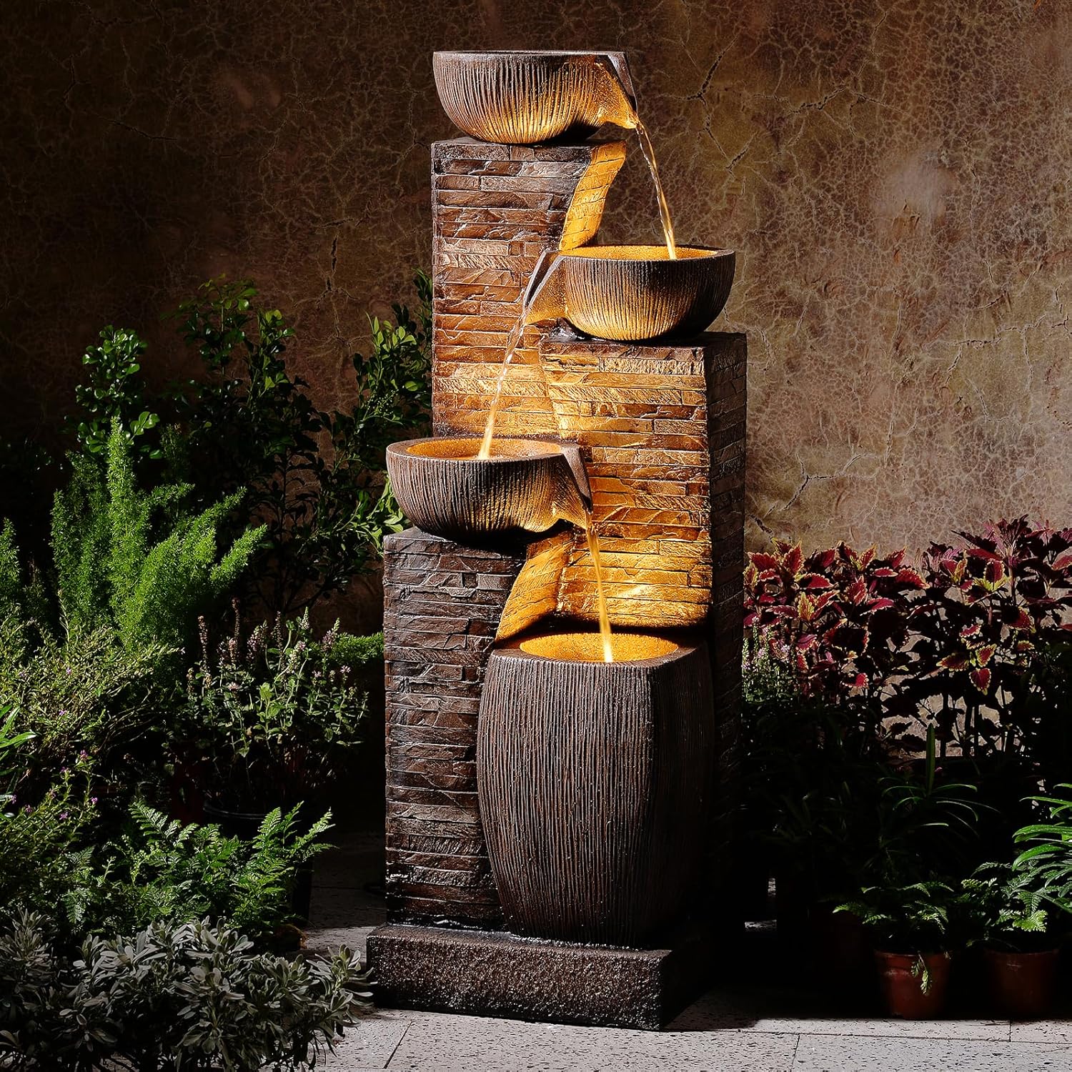 38.2' Tall Water Fountain Outdoor Garden,4 Tiers Modern Cascading Bowls and Stacked Stones Indoor Fountains with LED Lights for Patio, Deck, Porch, Backyard and Home Art Decor(Reddish-Brown