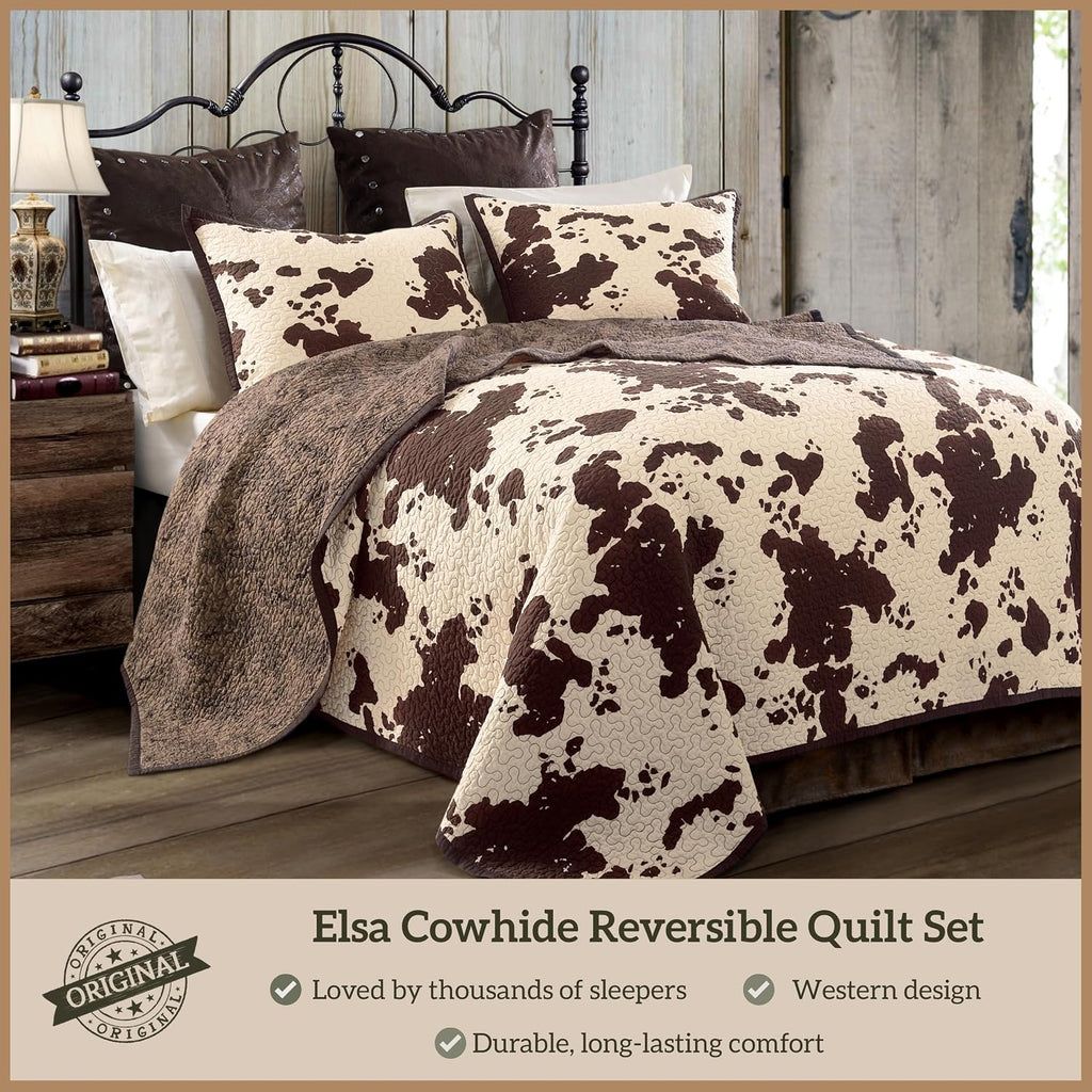 Paseo Road Elsa King Cotton Quilt Set, 3 Piece Western Bedding Set with Pillow Shams, Brown Cow Print Reversible Quilt, Soft Cozy Rustic Farmhouse Bedding, Lightweight Quilt, Southwestern Bedding